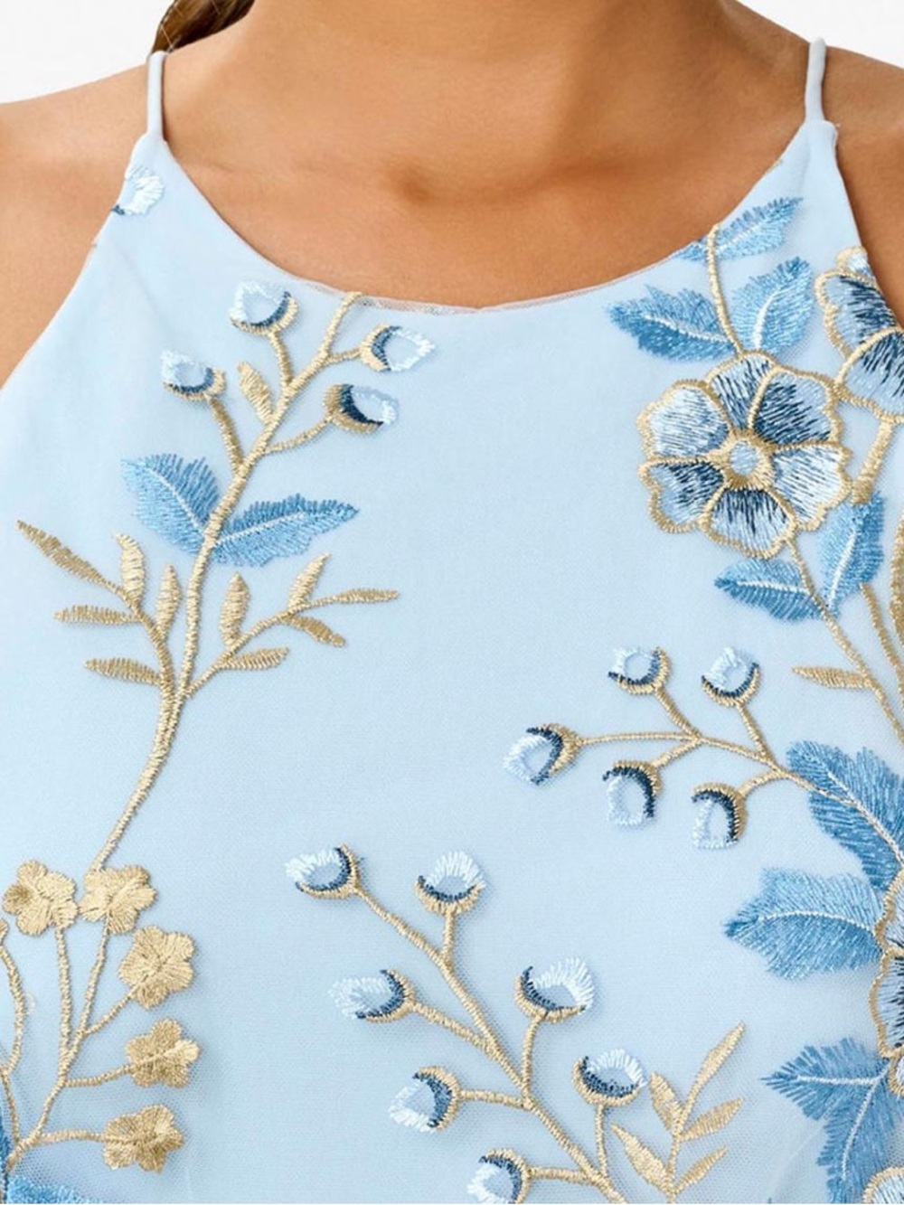 Adrianna Papell Light Blue and Gold Floral Halter Maxi Dress - Size 14 - Picture 3 of 14